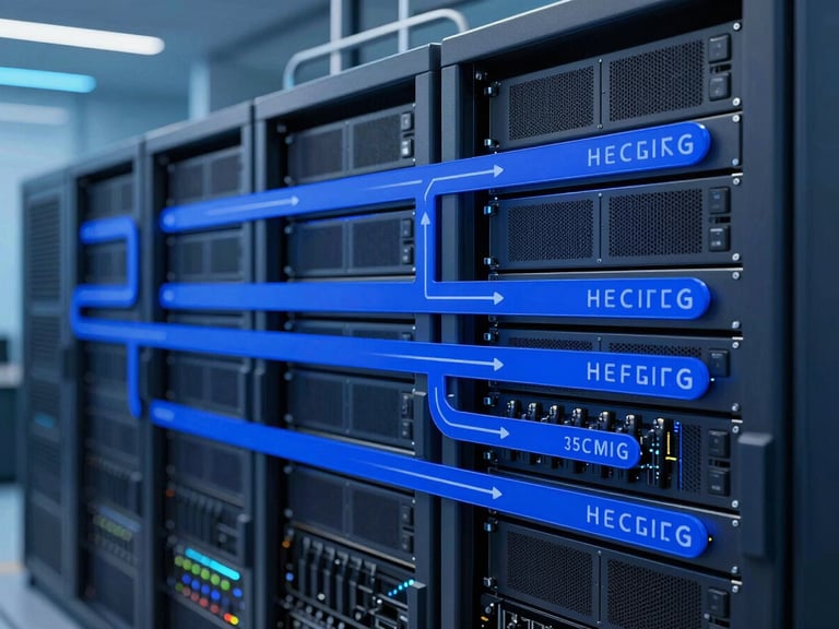 Abstract technical illustration of a modern network infrastructure, with secure data paths highlighted in royal blue, cool blue ambient lighting, sharp focus, 35mm