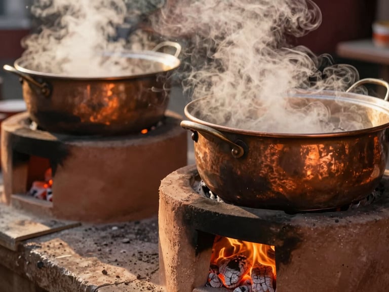 Close-up of traditional wood-fired cooking, steam rising from heavy copper vessels on a clay stove, glowing embers, warm firelight, 35mm.