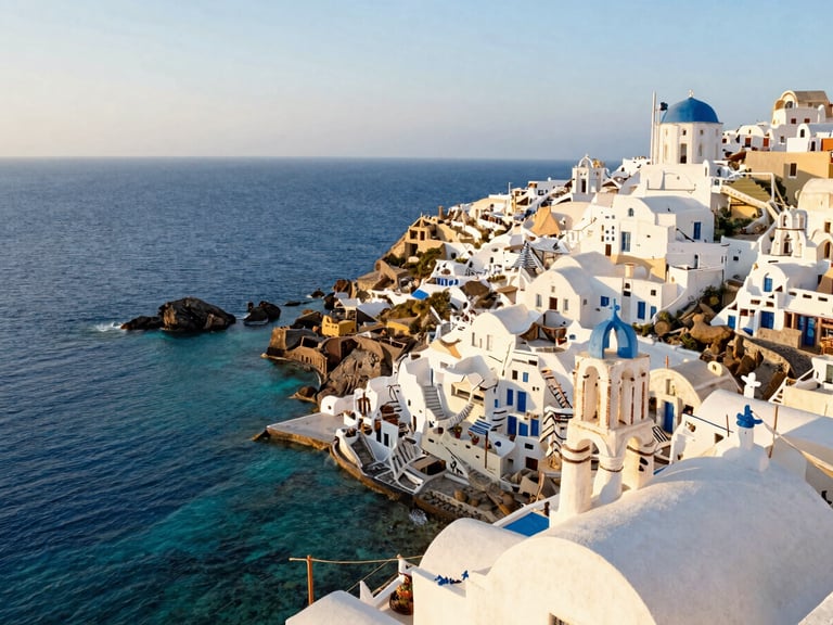 Whitewashed coastal Greek architecture overlooking a crystal-clear turquoise sea, warm golden hour light, editorial travel style