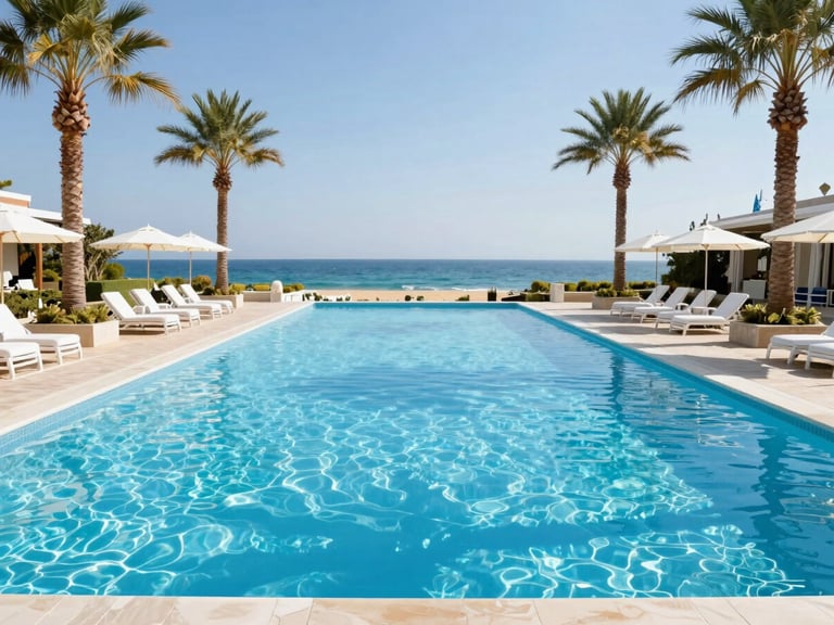 Sun-drenched luxury resort pool in Antalya, palm trees reflecting in crystal-clear water, white sunbeds, bright coastal photography