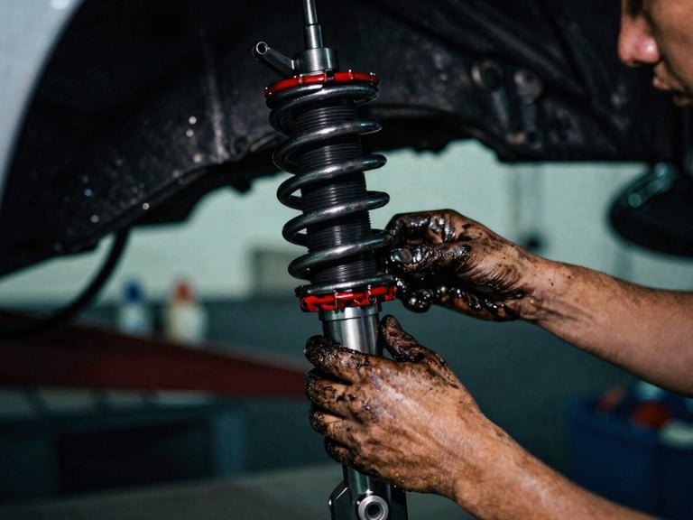 Close-up of a mechanic's hands covered in grease adjusting a high-performance coilover suspension in a moody workshop, dramatic lighting, 35mm film