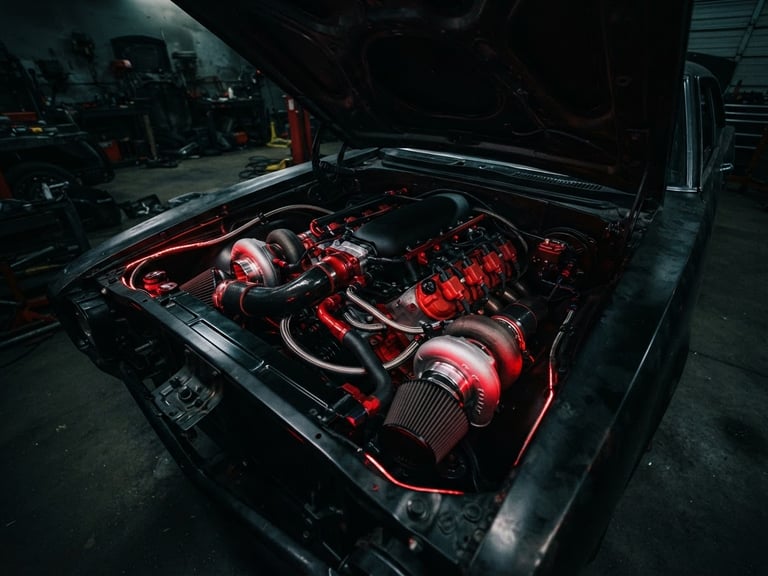 Low-angle heroic shot of a modified twin-turbo engine bay in a dark workshop, dramatic red rim lighting, high-contrast 35mm photography
