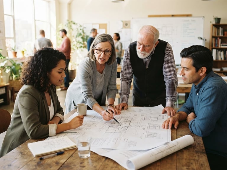 Candid medium shot of community leaders in a sunlit meeting room, reviewing blueprints and architectural plans on a wooden table, soft natural daylight, warm muted tones, 35mm lens.
