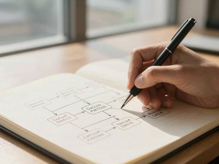 Close-up of hands sketching a workflow diagram on a clean paper notepad, natural window light, professional office setting, warm sand tones