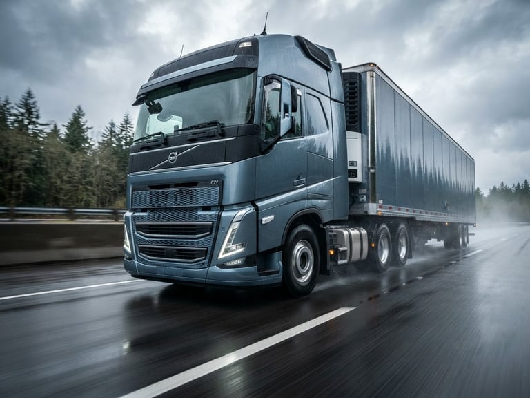 Low-angle heroic tracking shot of a modern heavy commercial truck in motion on a wet asphalt highway, high-contrast overcast daylight, sharp metallic reflections, cool slate tones, 35mm lens