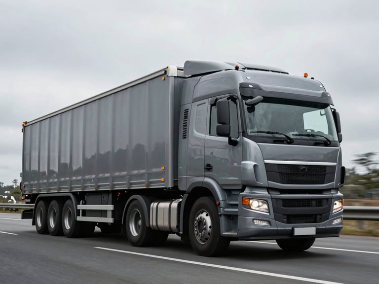 Low-angle heroic shot of a modern heavy-duty commercial freight truck in motion on an overcast highway, cool metallic slate gray tone, sharp reflections