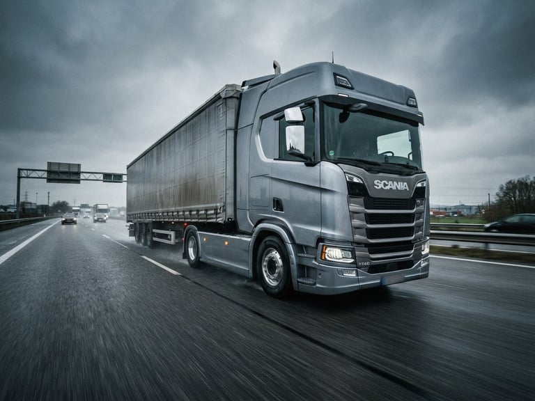 Low-angle heroic wide shot of a modern commercial truck in motion on an overcast highway, cold metallic reflections, sharp details, 35mm lens
