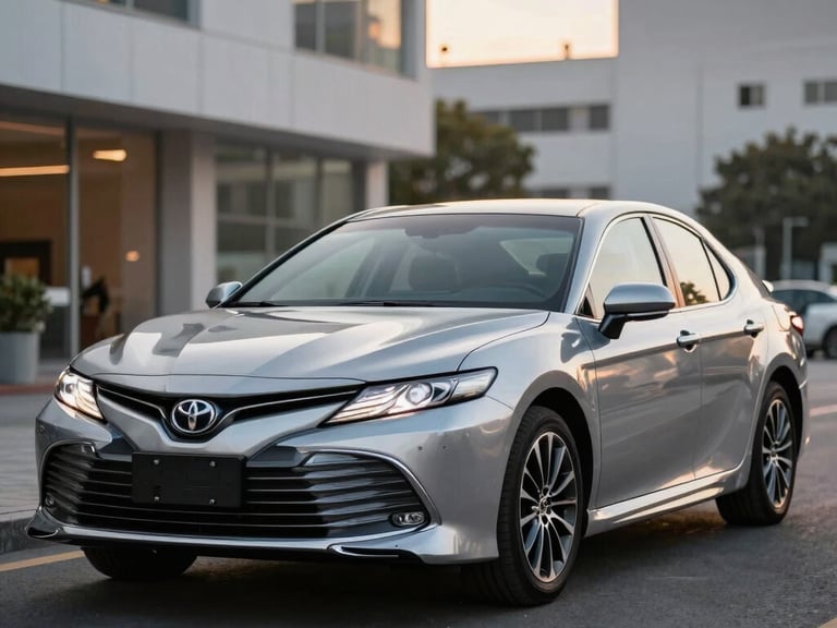 Silver Toyota Camry sedan parked in front of a modern office building at sunset.