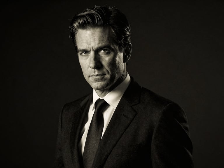 Dramatic black and white portrait of a male cinematic producer, low-key lighting, deep shadows, sophisticated look, 85mm lens.