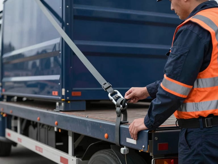 Medium-close detail of secure cargo tie-downs on a flatbed truck, professional driver in high-visibility gear inspecting, overcast daylight.