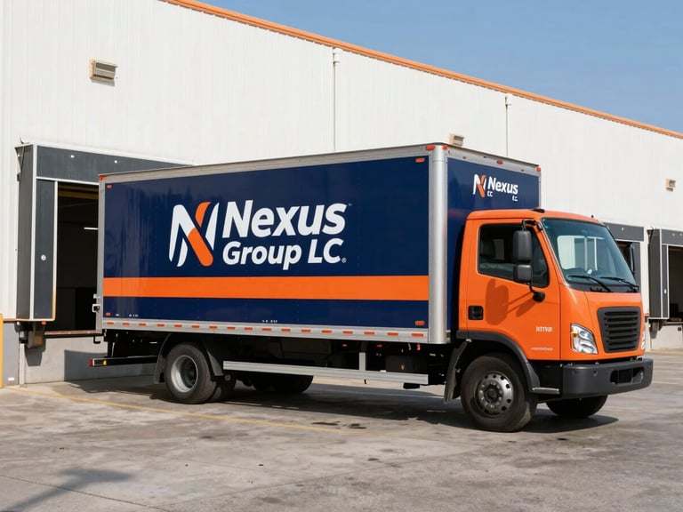 Clean warehouse environment with Nexus Group LLC branded box truck backing into a loading dock, high-contrast daylight.