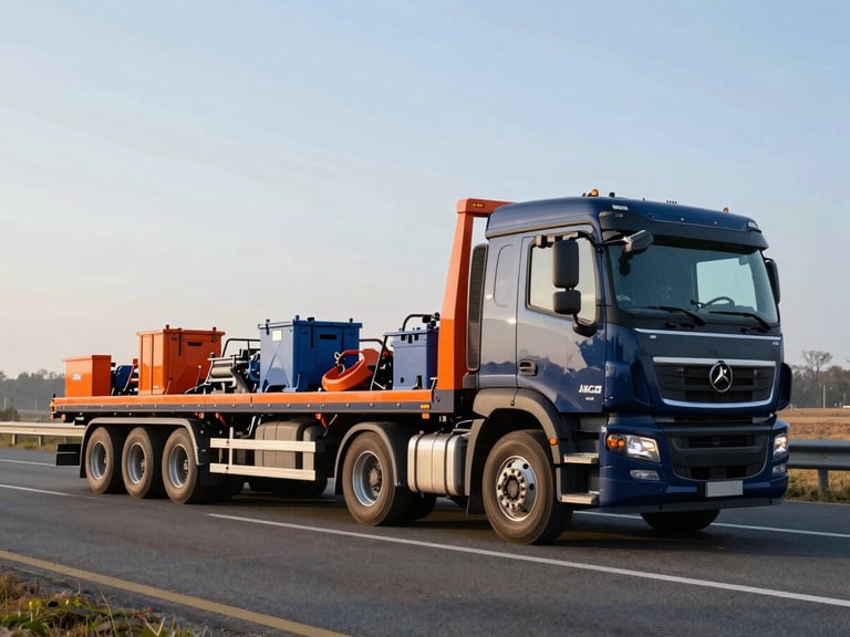 Modern flatbed truck securely loaded with industrial equipment, crisp morning light, wide environmental shot on a highway.