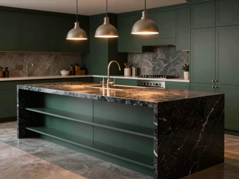 Wide environmental shot of a kitchen island under pendant task lights, polished dark stone island top reflecting warm overhead light, waterfall edge detail visible, open shelving integrated into island base, background cabinetry in matte forest green, no people, low wide framing