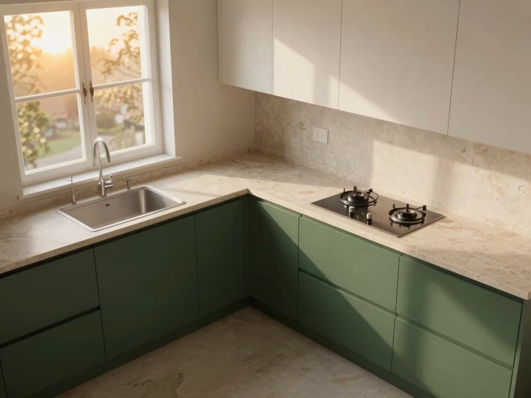 Overhead study of an L-shaped modular kitchen, warm golden-hour light entering from a corner window, continuous stone worktop wrapping the L, deep-green lower cabinets with integrated handles, white upper cabinets, no people, clean architectural framing