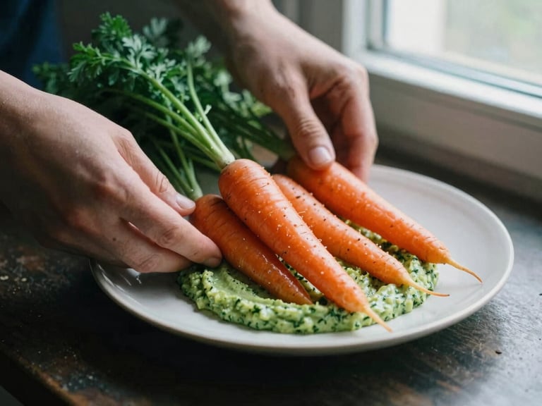 Close-up of hands plating fresh heirloom carrots over rich herb purée, soft natural side lighting, dark moody shadows, 35mm film style
