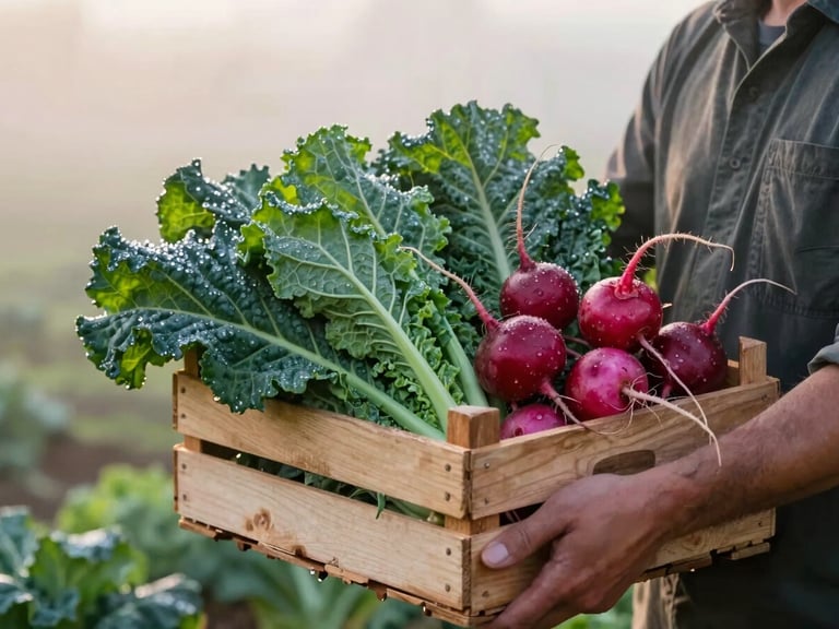 A farmer holding a wooden crate of freshly harvested dark green kale and crimson radishes, early morning dew, soft golden mist background