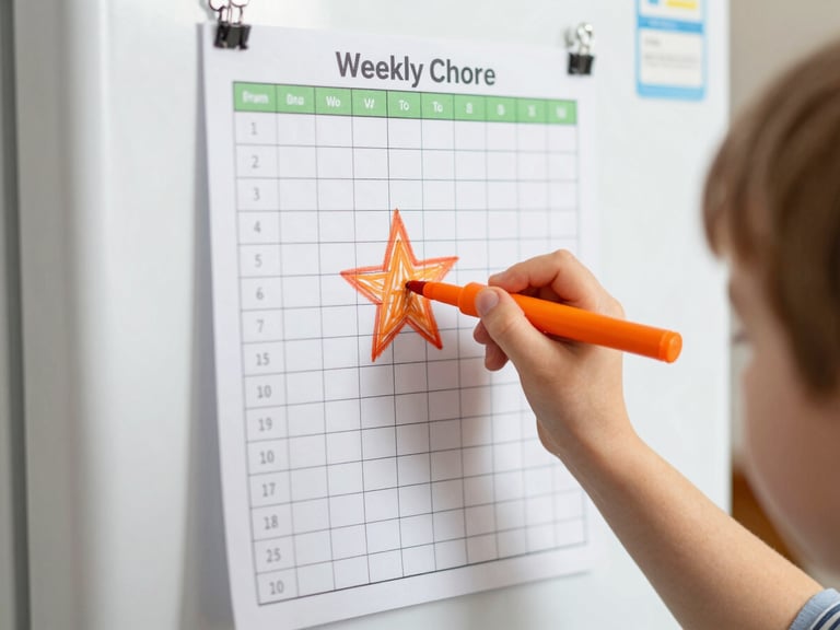 Close-up of a child's hand drawing a star with an orange marker on a printed weekly chore tracker hanging on a refrigerator.