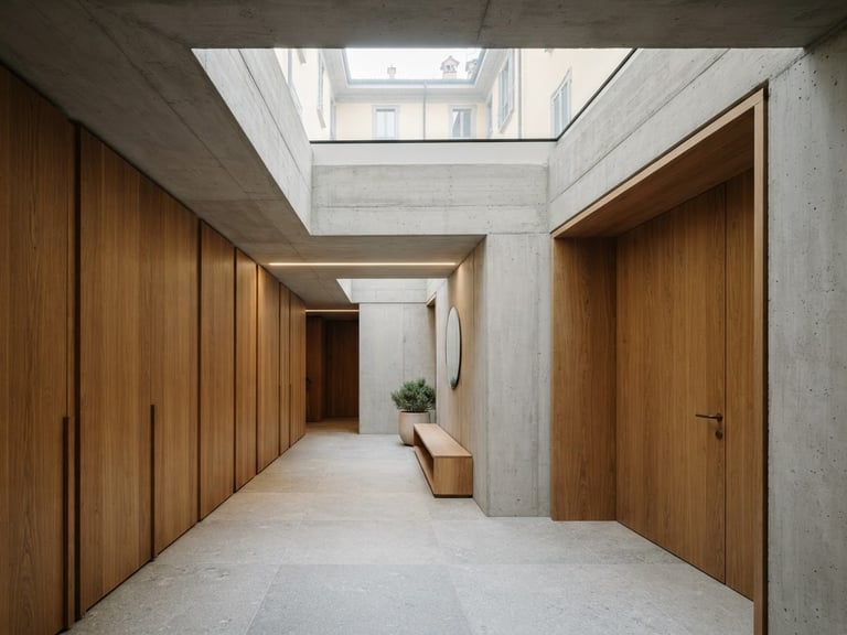 Rigorous architectural detail of a renovated historic condominium entrance in Milan, clean concrete and warm oak wood paneling, soft natural zenitale light, professional 35mm photography.