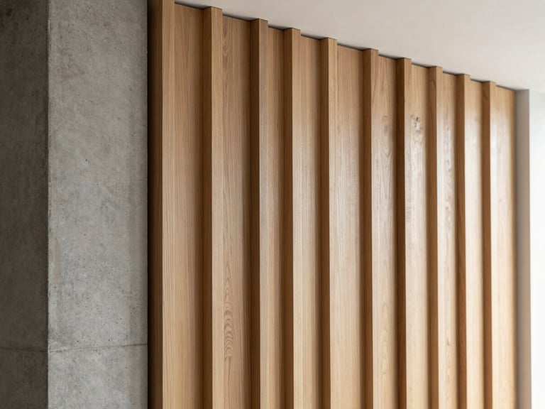 Bespoke architectural joinery detail, oak wood panels aligning perfectly with a concrete column, soft natural side light, professional architectural photography, 35mm lens.