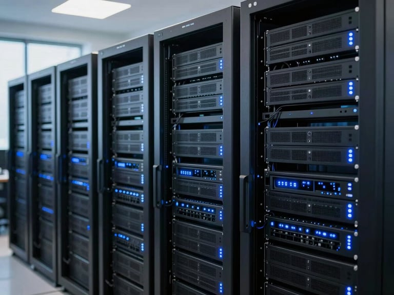 Network server racks with glowing blue lights, clean and organized, professional corporate photography, cool natural office light