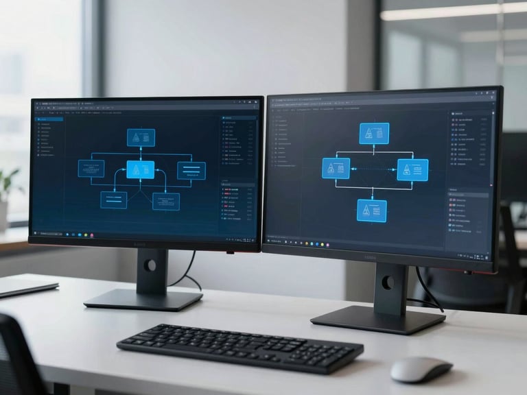 Clean workspace with dual monitors displaying network architecture diagrams, subtle blue backlighting, professional technology environment, sharp focus