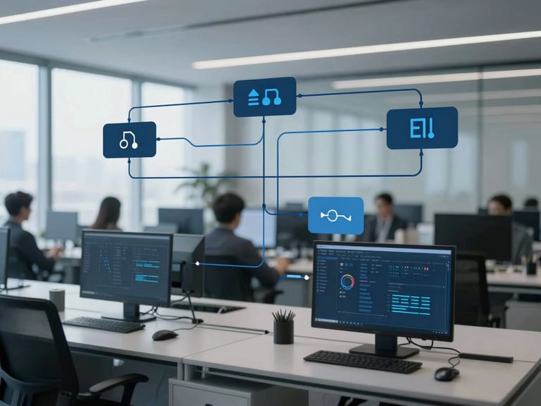Abstract representation of structured data flow, blue and slate tones, clean technical layout, sharp focus