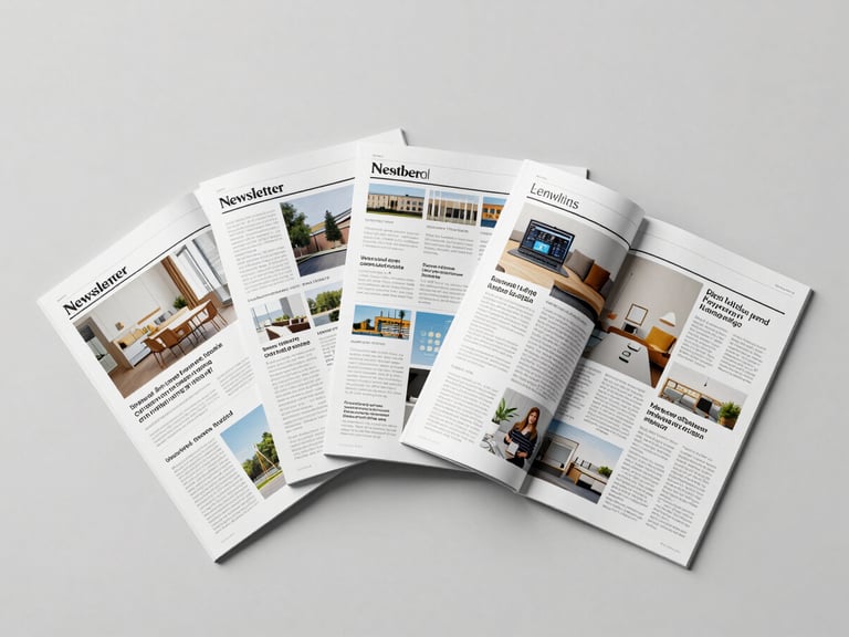 Overhead flat-lay of three branded newsletter issues fanned open on a light grey surface, each showing a different data-rich interior spread, high-key studio lighting, clean geometric layouts visible