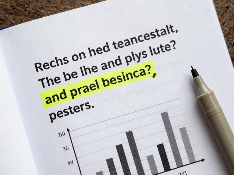 Close-up flat-lay overhead of a white paper document spread open to a page with a highlighted callout box and an inset bar chart, a fine-tip marker uncapped beside it, neutral daylight, sharp focus on typography