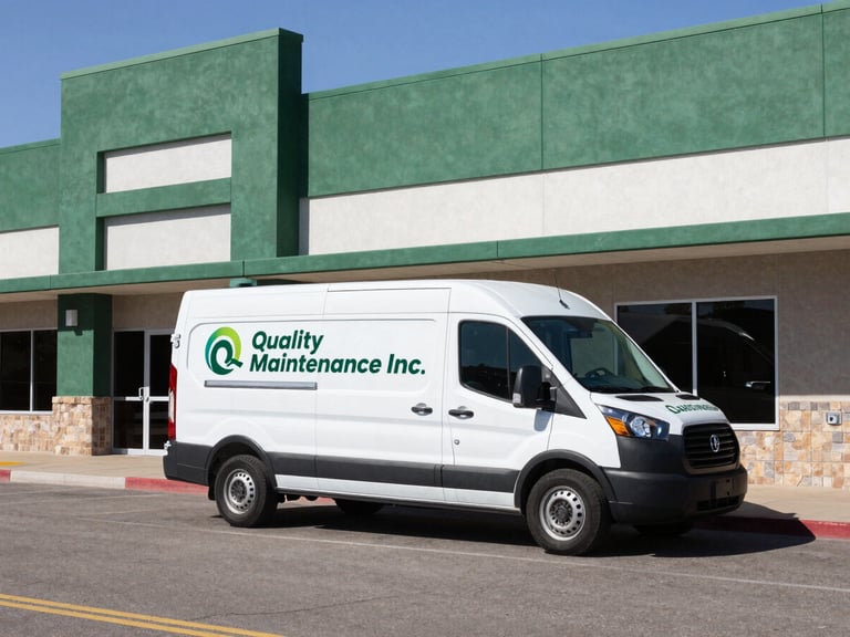 Wide environmental shot of a branded Quality Maintenance Inc. white service van parked outside a clean, modern commercial building in Albuquerque, bright daylight