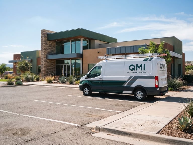 A crisp environmental photograph of a branded QMI fleet vehicle parked outside a modern Albuquerque office building, bright natural New Mexico daylight, clean architectural lines, deep forest green and slate accents, 35mm lens.
