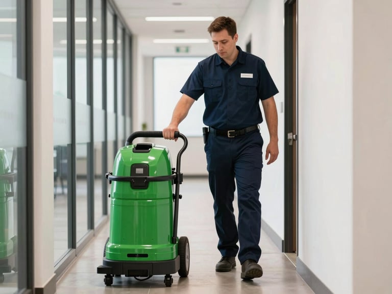 Medium shot of a uniformed commercial cleaning technician operating green-certified floor care equipment inside a bright, modern office corridor, midday New Mexico light