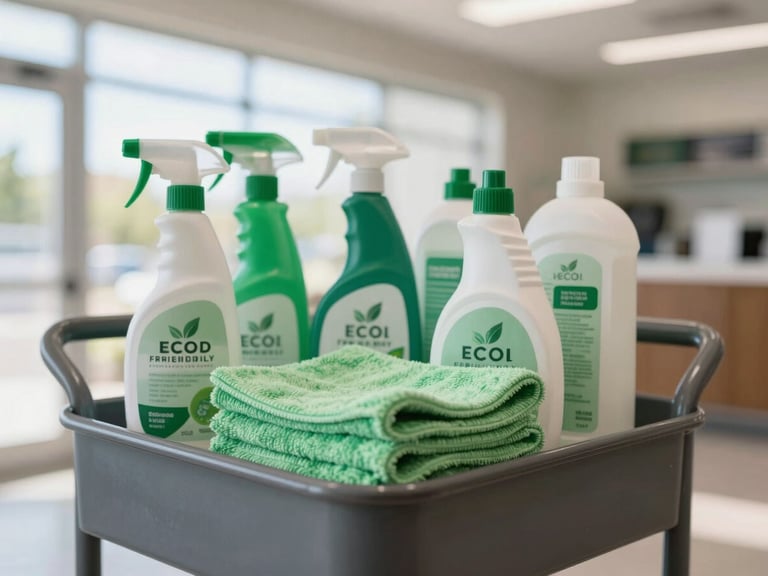 Close-up of eco-friendly cleaning supplies and microfiber cloths neatly arranged on a utility cart, clean modern commercial interior background, bright natural daylight