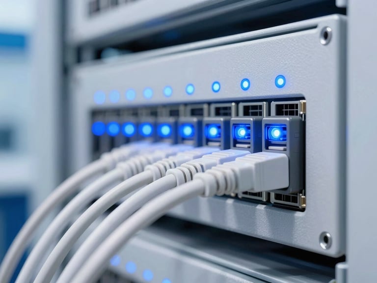 Macro shot of high-density fiber optic cables connected to a server rack panel with glowing blue indicator lights, clean white tones.