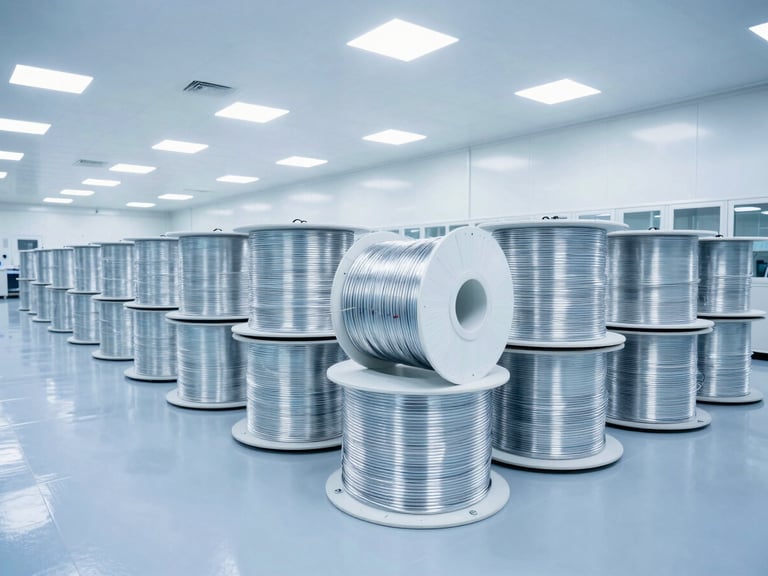 Wide-angle shot of a massive clean-room warehouse with rows of heavy-duty fiber optic cable spools stacked under bright high-key lighting.