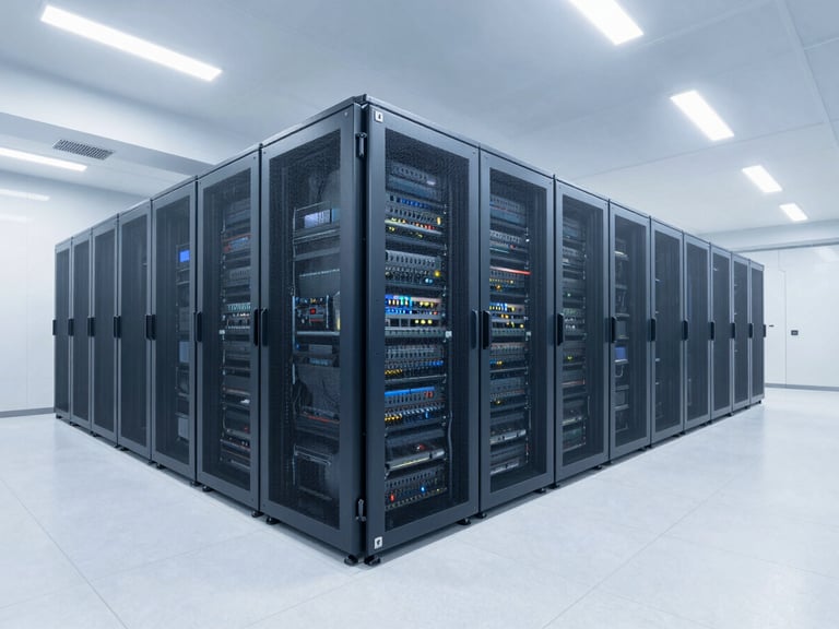 Wide-angle architectural shot of a massive modern data center corridor with cool blue and clean white tones, sharp focus.