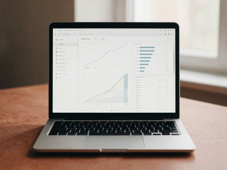 A laptop displaying a clean, high-contrast user interface with structured data graphs, resting on a warm terracotta surface under soft diffused window light.
