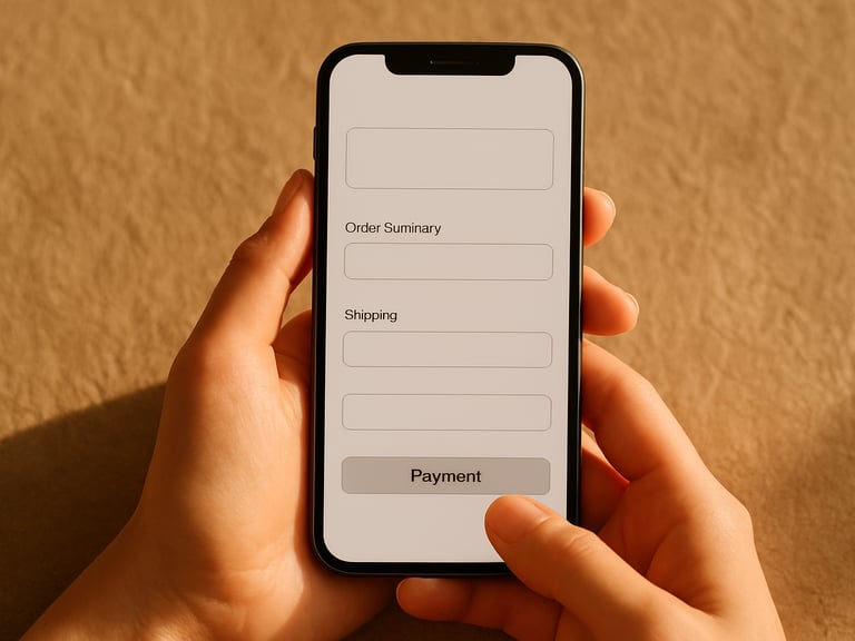 A smartphone displaying a minimalist checkout screen, held by hands over a textured raw paper background with warm golden-hour lighting.