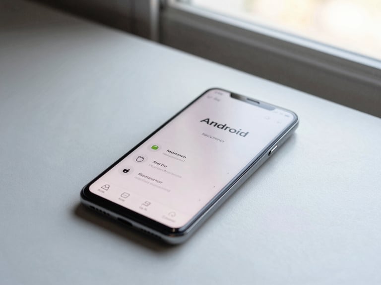 Wide, slightly off-center shot of an Android phone resting on a light grey desk surface under soft natural window light, the screen showing a clean, minimal app interface with crisp typography, no hands, no glare