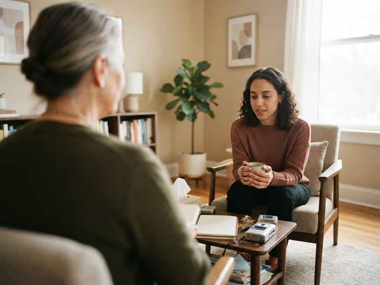 Over-the-shoulder perspective of a quiet therapy session, soft natural window light, focused clinical setting, muted earth tones, 35mm