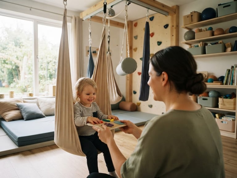Over-the-shoulder view of a quiet, organized therapy room with specialized sensory integration equipment, soft natural light, warm editorial photography