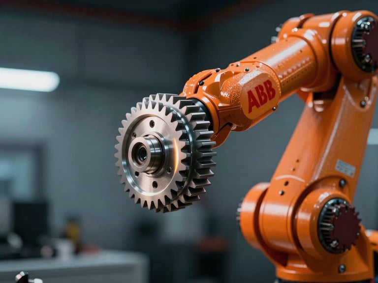 Macro shot of a safety-orange ABB robotic arm joint, dramatic rim lighting on metallic gears, cool industrial dark background, sharp focus, 35mm lens