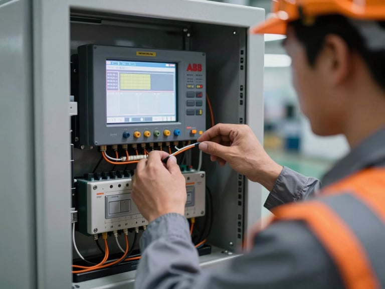 Hands of an automation engineer in safety gear adjusting wiring inside an ABB controller panel, diagnostic codes visible on screen, cool industrial lighting with warm orange accents, sharp focus