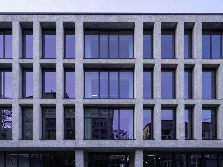 Sweeping architectural perspective of a modern central bank building facade, geometric concrete and glass lines, cool crisp morning light with subtle violet reflections.