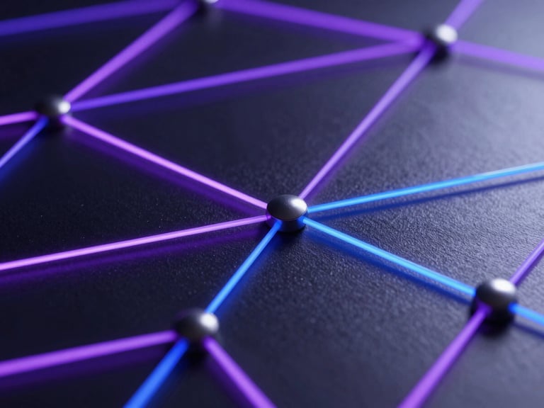 Abstract network nodes and data pathways, glowing purple and blue light trails across dark metallic surfaces, macro photography, sharp focus.
