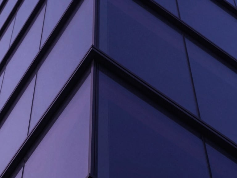 Macro close-up of high-end architectural geometry, clean glass and steel lines with subtle deep indigo and violet backlighting, sharp focus, medium format.