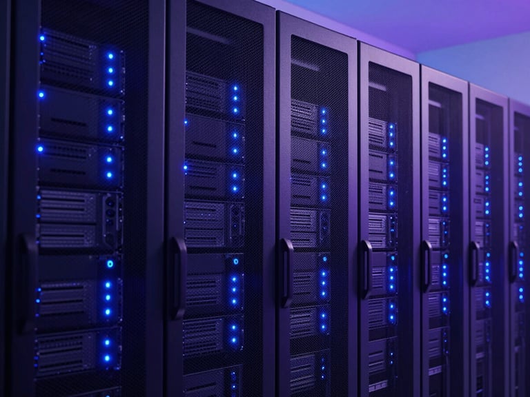 Clean server environment with rows of server racks, glowing blue and indigo indicator lights, precise architectural geometry, cool studio lighting.