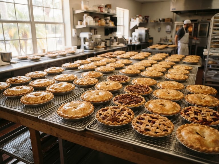A wide shot of golden-brown pies cooling on stainless steel racks inside our clean Kissimmee commercial kitchen, warm morning window light, 35mm