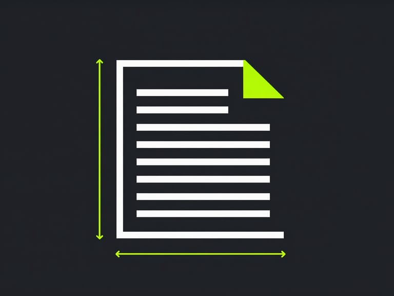 Crisp technical vector illustration of a structured PDF document layout with dimension lines, neon green accents, dark background.