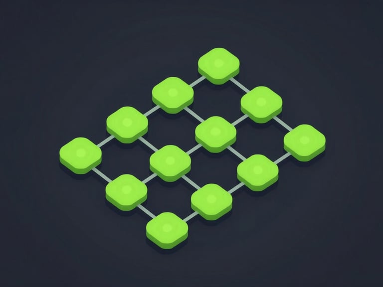 Crisp technical vector schematic of a parallel data stream pipeline, neon green nodes on a deep charcoal background, isometric view