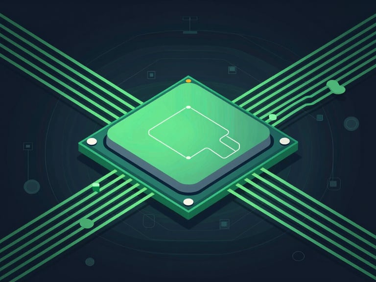 Crisp technical vector illustration of a high-speed CPU core processing neon green data streams, dark mode interface, clean geometric schematics.